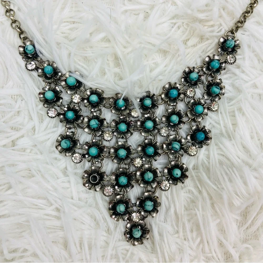 UNBRANDED silver flower turquoise, jeweled triangle chain necklace